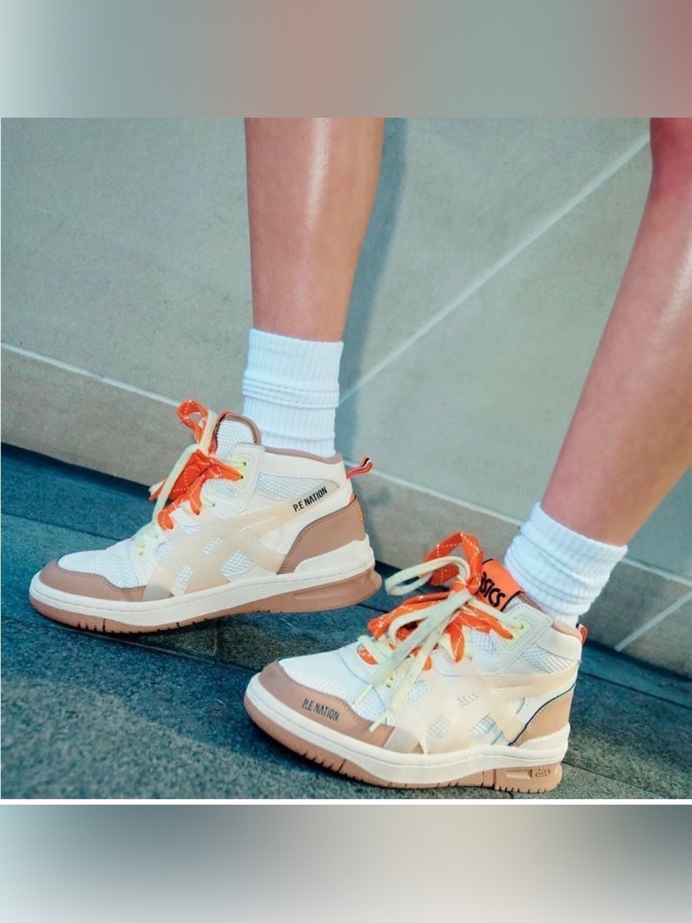P.E Nation Women's Mid-Top Sneakers in Beige & Orange Trim